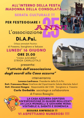 Di.A.Psi. festeggia 25 anni di impegno con una serata culturale alla “Casa Azzurra” di Fossano